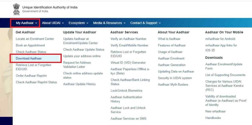 Download E Aadhaar card Survay By UIDAI