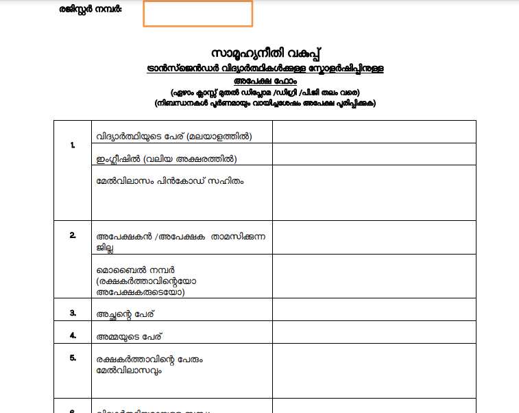 Kerala Transgender Scholarship Scheme Application form