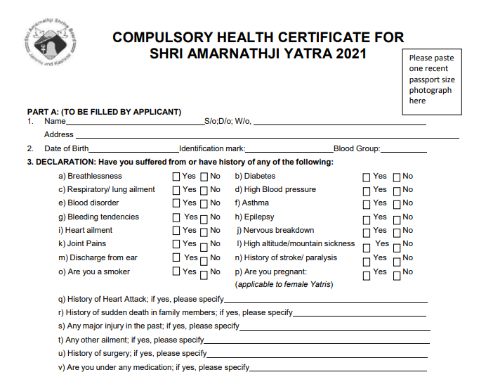 Amarnath Yatra CHC Form 2024