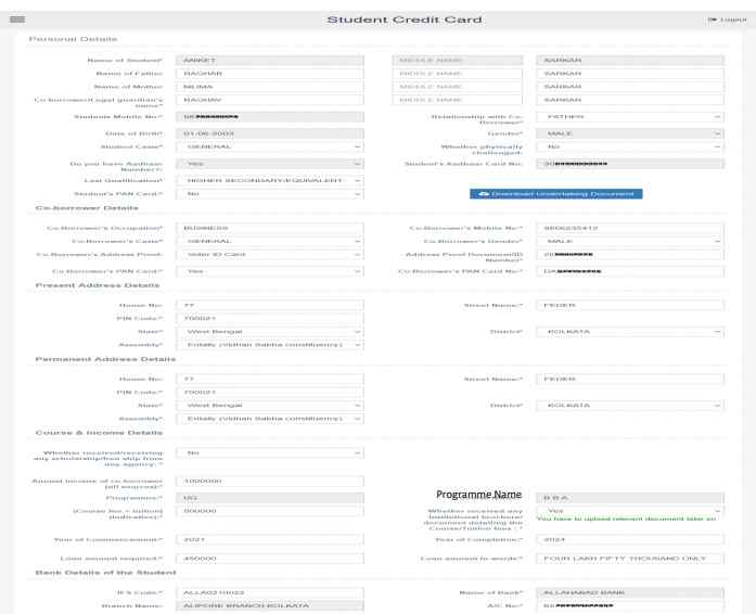 WB Student Credit Card Application form