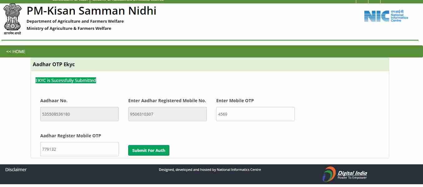 pm kisan aadhar otp fix